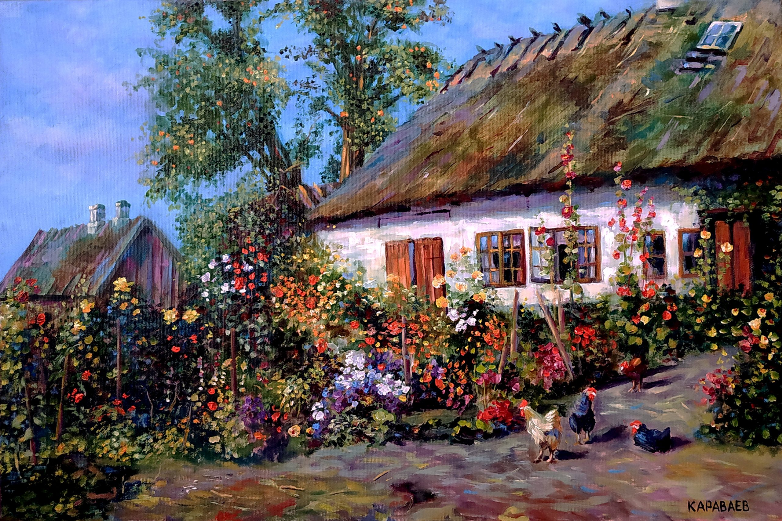 A Cottage Garden with Chickens (Вольная копия П.Мёнстеда), холст, масло,40х60,2020г.-художник Олег М.Караваев