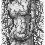Окутана корінням, Петро Грицюк, 30х21, папір, олівець (авторська техніка- графічний кракелюр), 2020